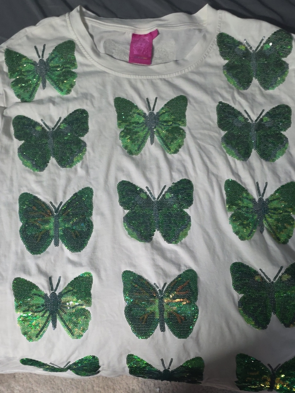 QUEEN OF SPARKLES White Tee with Green Sequin Butterflies